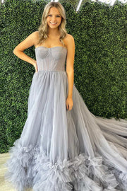 Periwinkle Tulle Strapless Tiered Ball Gown with Ruffles