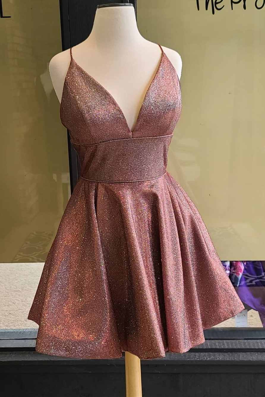 Rust Red Sequin V-Neck A-Line Homecoming Dress