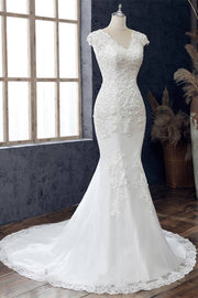 White Lace V-Neck Cap Sleeve Trumpet Wedding Dress