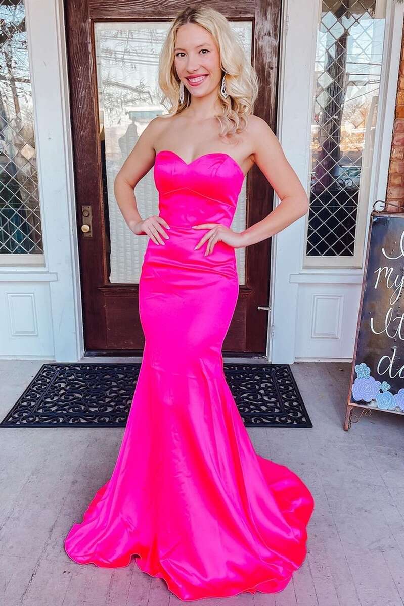 Neon Pink Satin Strapless Lace-Up Back Trumpet Long Formal Dress