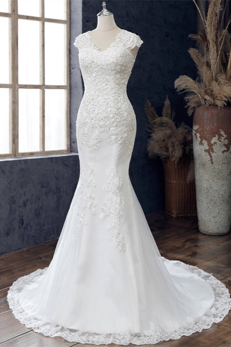 White Lace V-Neck Cap Sleeve Trumpet Wedding Dress Modsele White Lace V-Neck Cap Sleeve Trumpet Wedding Dress Modsele