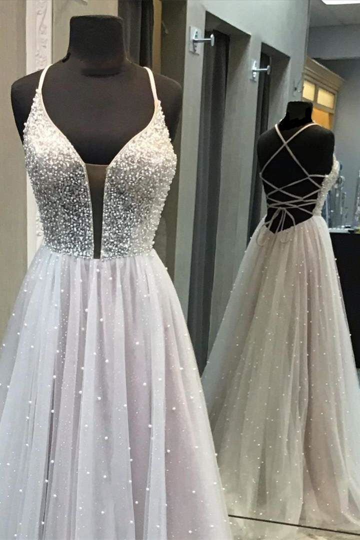 White Tulle Beaded Sleeveless A-Line Prom Dress