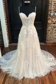 White Floral Lace Sweetheart Straps A-Line Long Bridal Gown