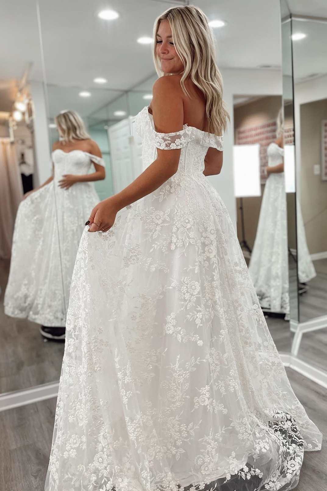 White Floral Lace Off-the-Shoulder A-Line Bridal Gown