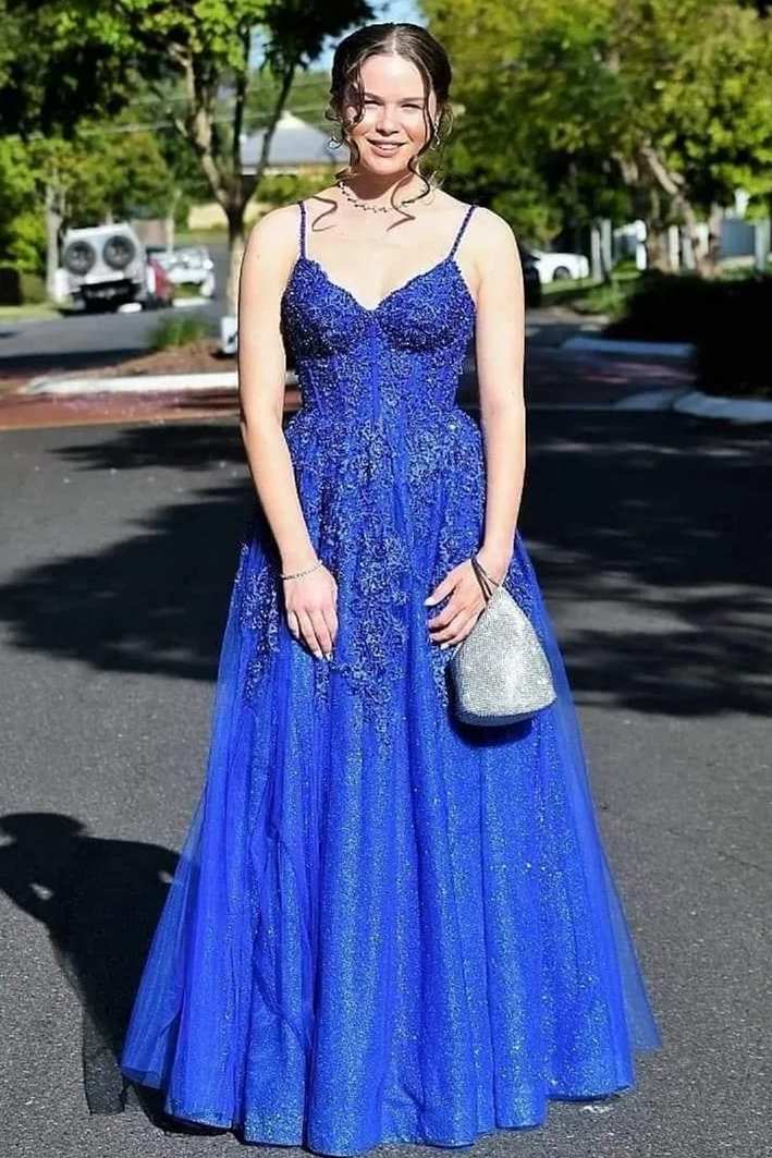 Stunning Blue Appliques V-Neck Lace-Up Back A-Line Prom Dress