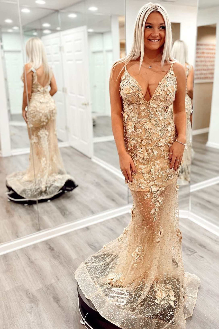 Champagne Sheer Mesh Floral Lace Backless Mermaid Long Prom Dress