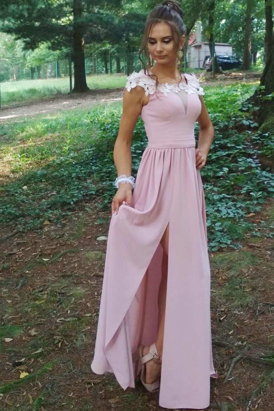 Pink Floral Lace Round Neck A-Line Bridesmaid Dress with Slit – Modsele