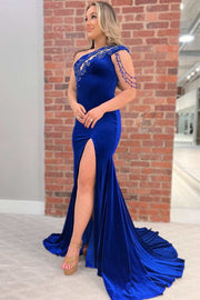 Royal Blue Velvet Applique Keyhole Mermaid Long Formal Gown with Slit