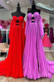 Red Beaded Strapless Cutout Long Prom Dress with Balloon Sleeves