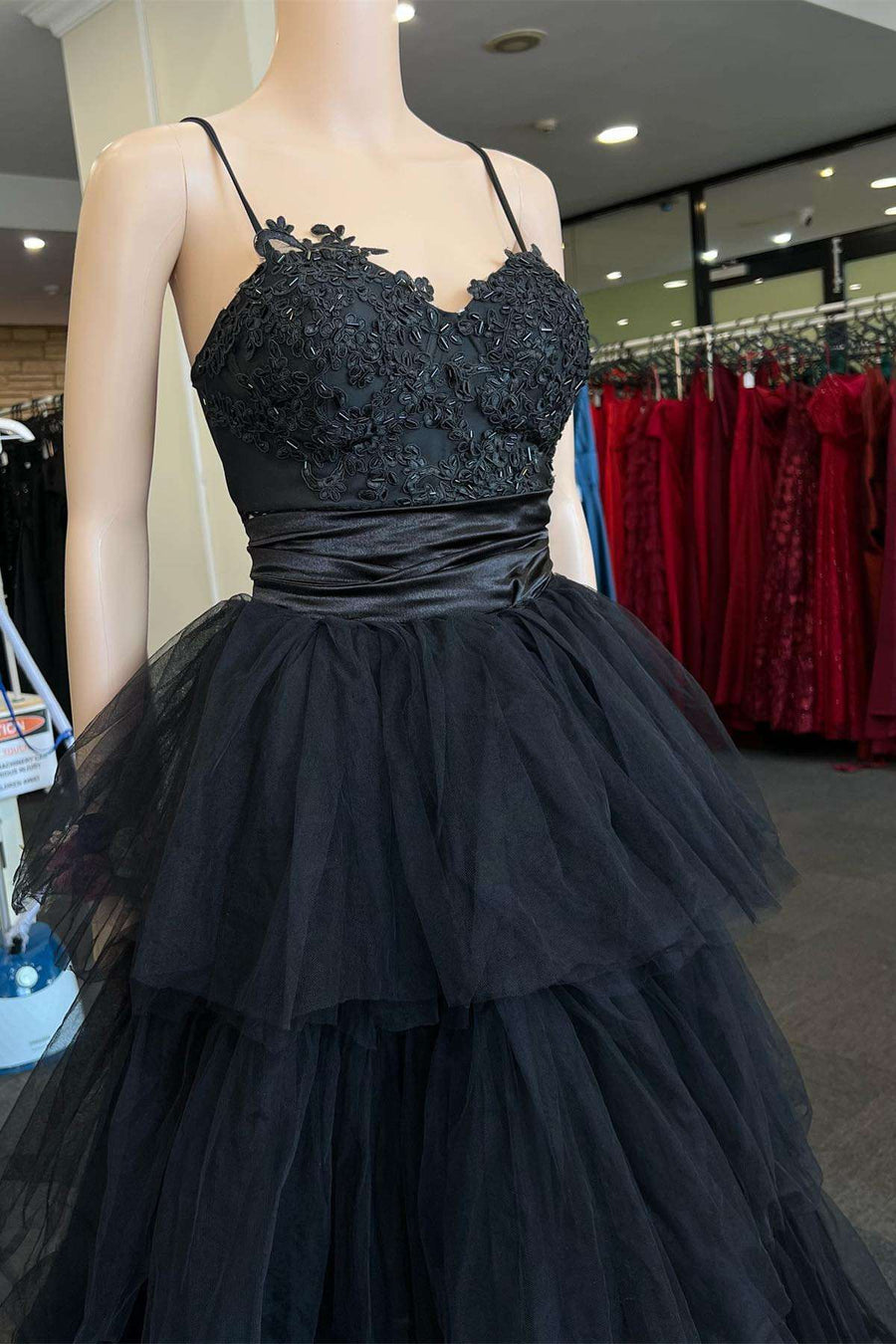 Multi-Tiered Black Straps A-Line Long Prom Dress