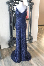 Navy Blue Sequin V-Neck Mermaid Long Prom Dress