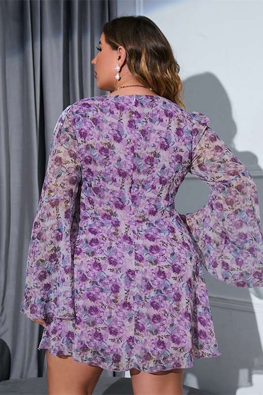 Plus Size Purple Floral Print Long Sleeve A-Line Short Party Dress