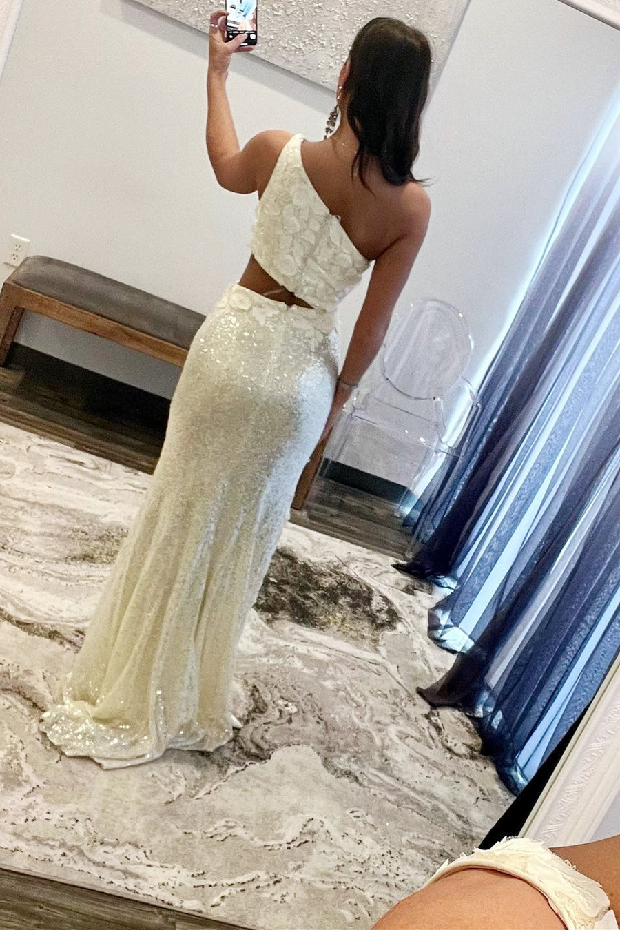 white sequin one shoulder dress White Sequin Prom Dresses Iridescent Glitter One Shoulder Long Formal Dress with Sleeves White / US12