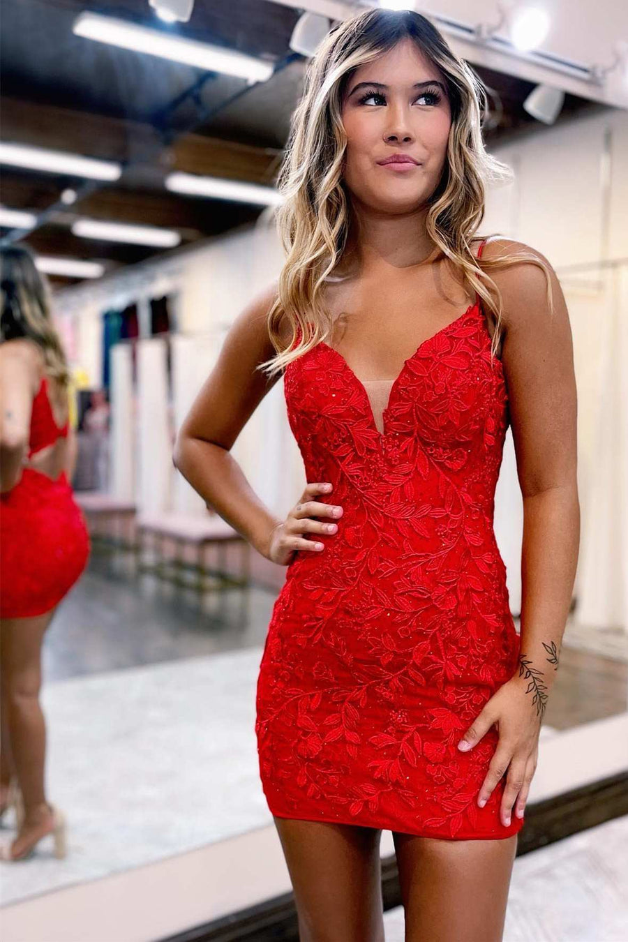 Red Appliques V-Neck Cutout Back Short Homecoming Dress Modsele Red Appliques V-Neck Cutout Back Short Homecoming Dress Modsele