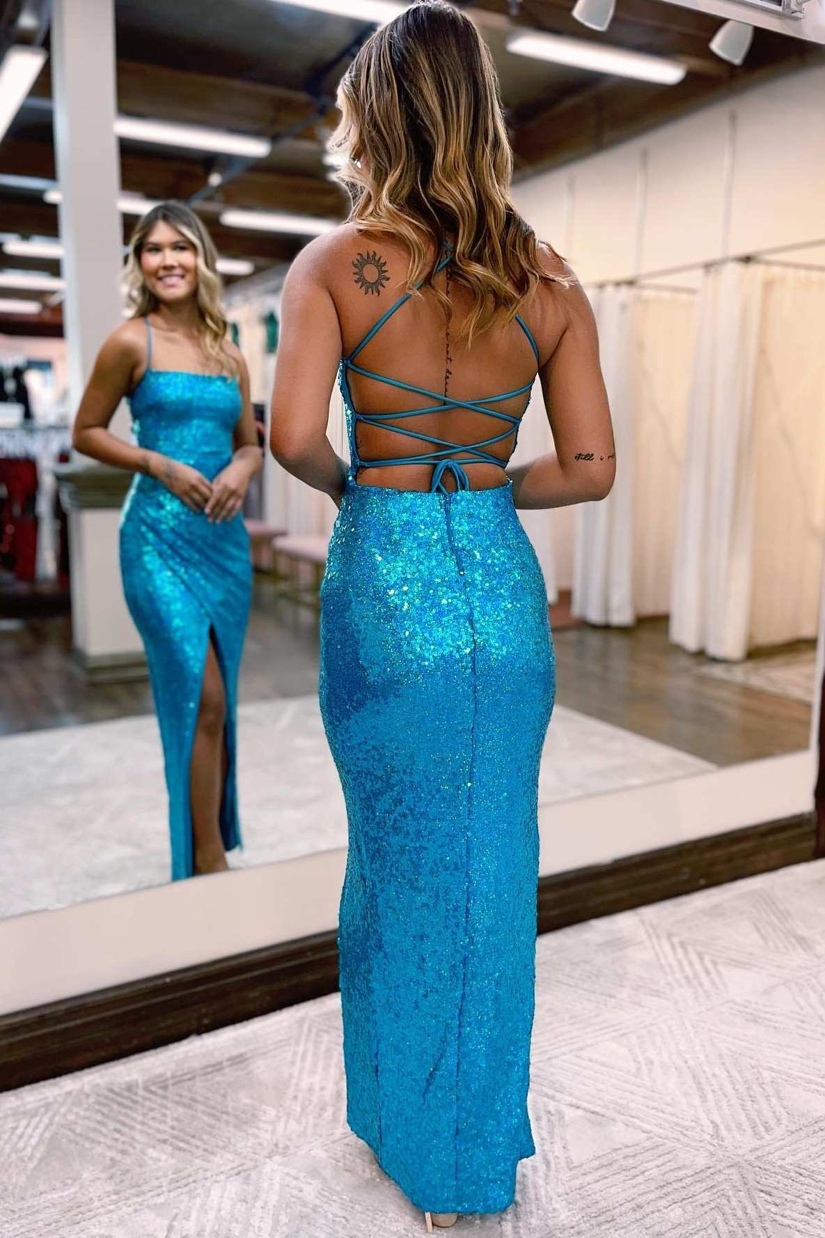 Blue Sequin Lace-Up Sheath Long Prom Dress with Slit