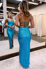 Blue Sequin Lace-Up Sheath Long Prom Dress with Slit
