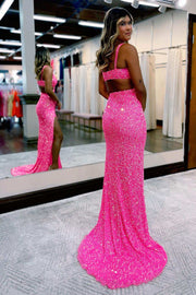 Hot Pink Sequin Cross-Front Cutout Long Prom Dress with Slit