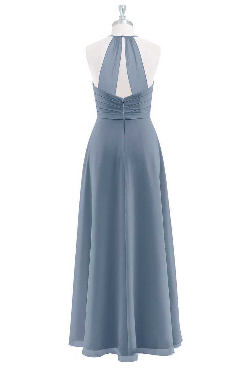 Dusty Blue Chiffon Halter Ruffled A-Line Maid of Honor Dress