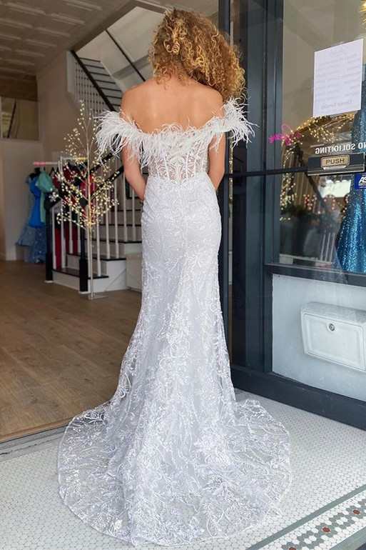 White Lace Feather Off-the-Shoulder Mermaid Long Prom Dress