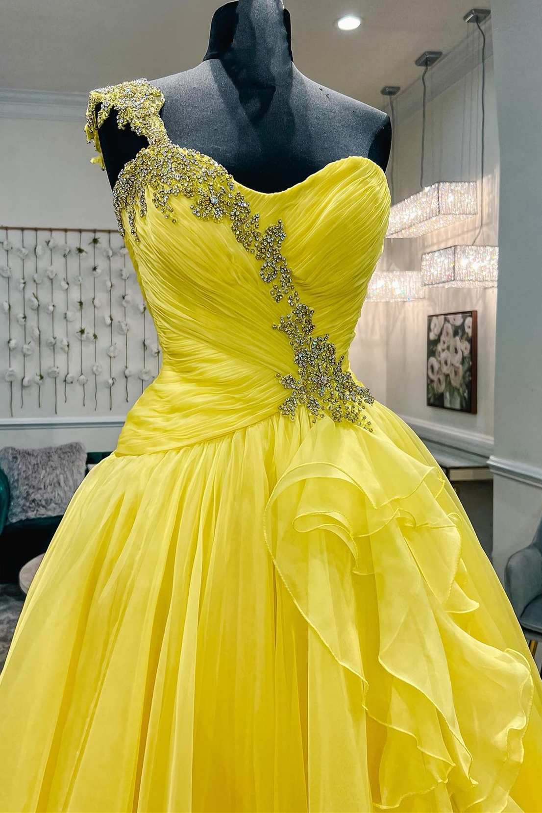 One shoulder best sale yellow prom dress