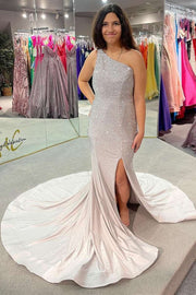 Glitter Silver Beaded One-Shoulder Mermaid Long Prom Dress