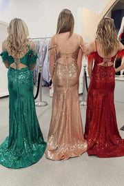 Green Sequin Feather Cold-Shoulder Mermaid Long Formal Dress with Slit