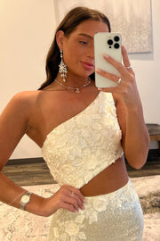 White Sequin One-Shoulder Cutout Long Prom Dress with Floral Appliques