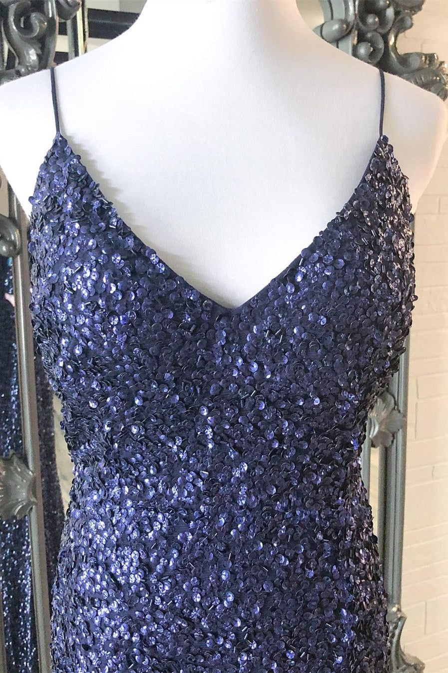 Navy Blue Sequin V-Neck Mermaid Long Prom Dress