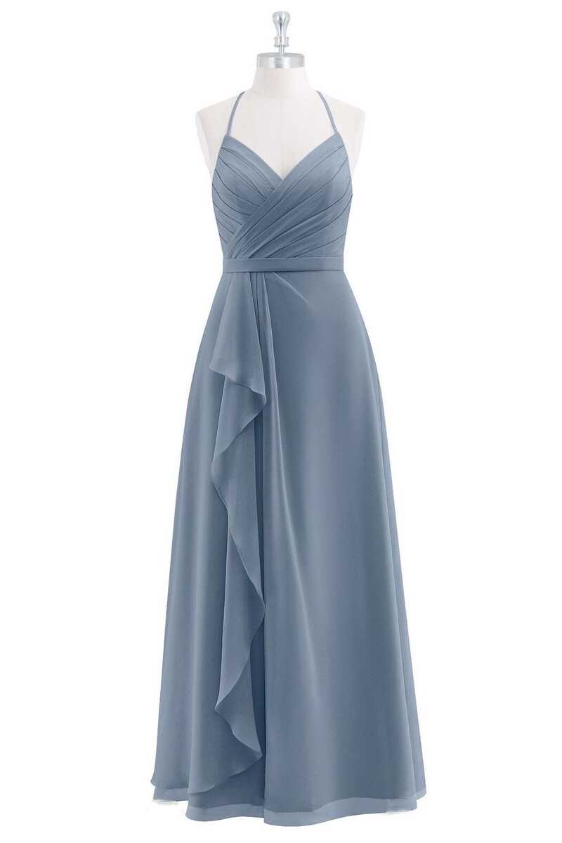 Dusty Blue Chiffon Halter Ruffled A-Line Maid of Honor Dress – Modsele
