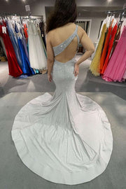 Glitter Silver Beaded One-Shoulder Mermaid Long Prom Dress