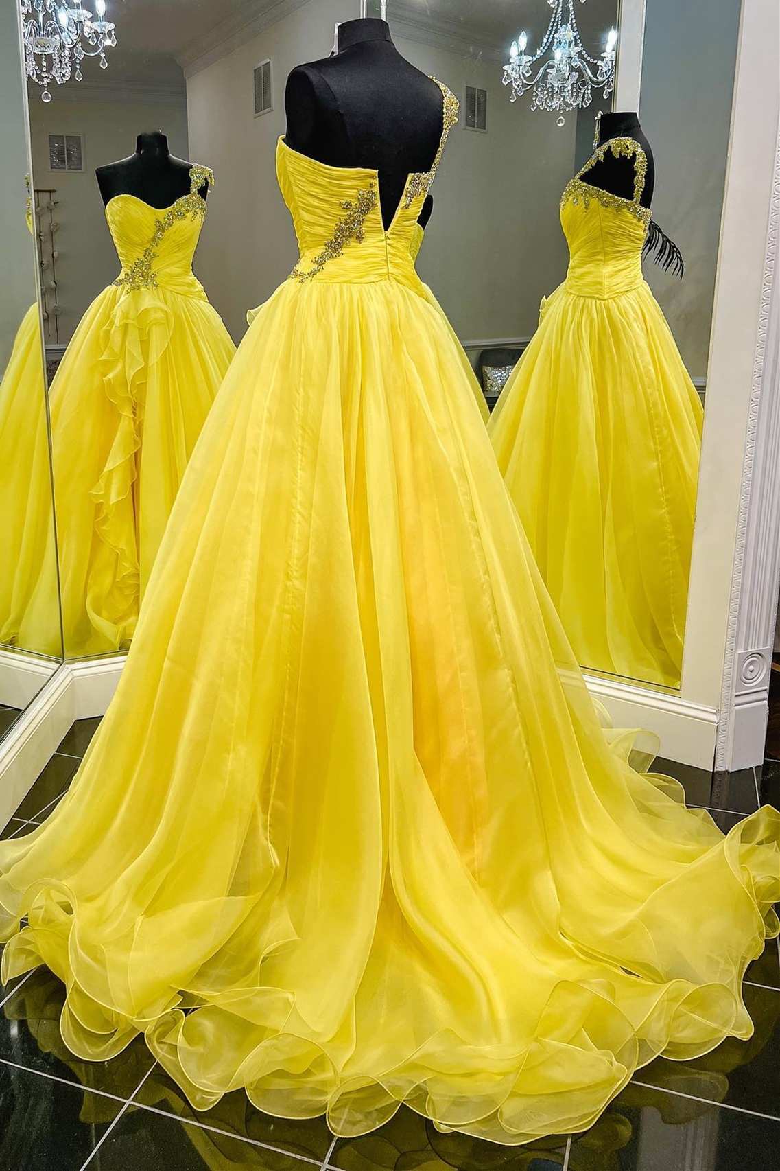One-Shoulder Yellow Beaded Ruffles Long Prom Gown