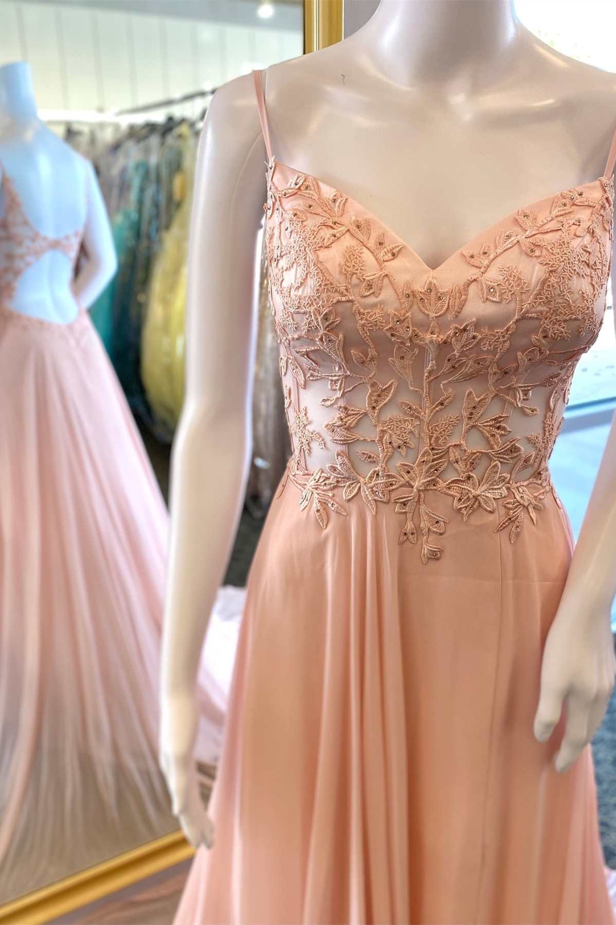 Peach Floral Lace Cutout Back A-Line Prom Dress