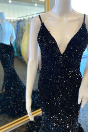 Black Sequin V-Neck Backless Mermaid Long Prom Dress