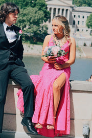Pink Lace Mermaid Long Prom Dress with Slit