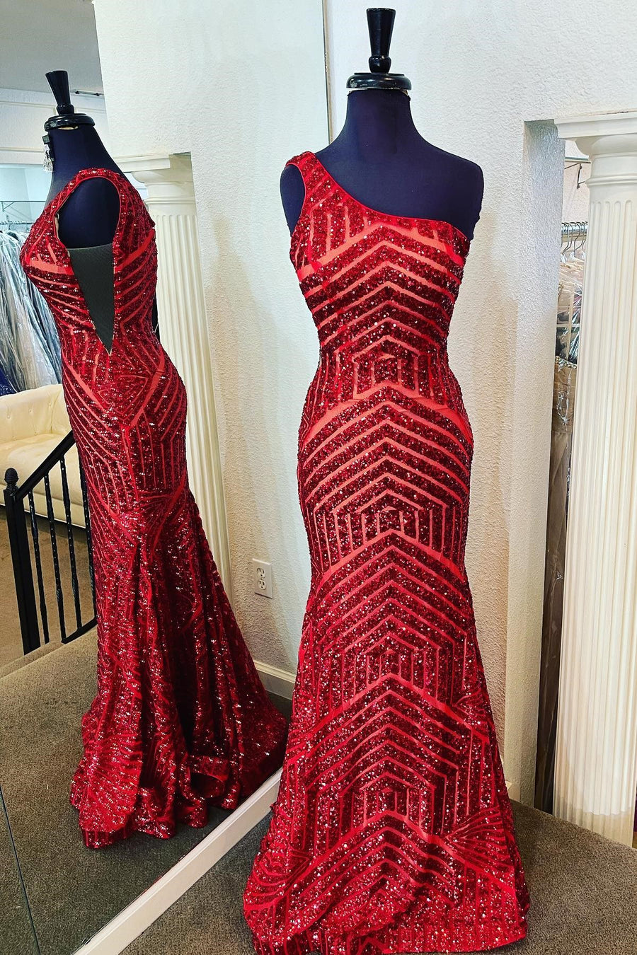 One Shoulder Wine Red Sequins Mermaid Long Dress