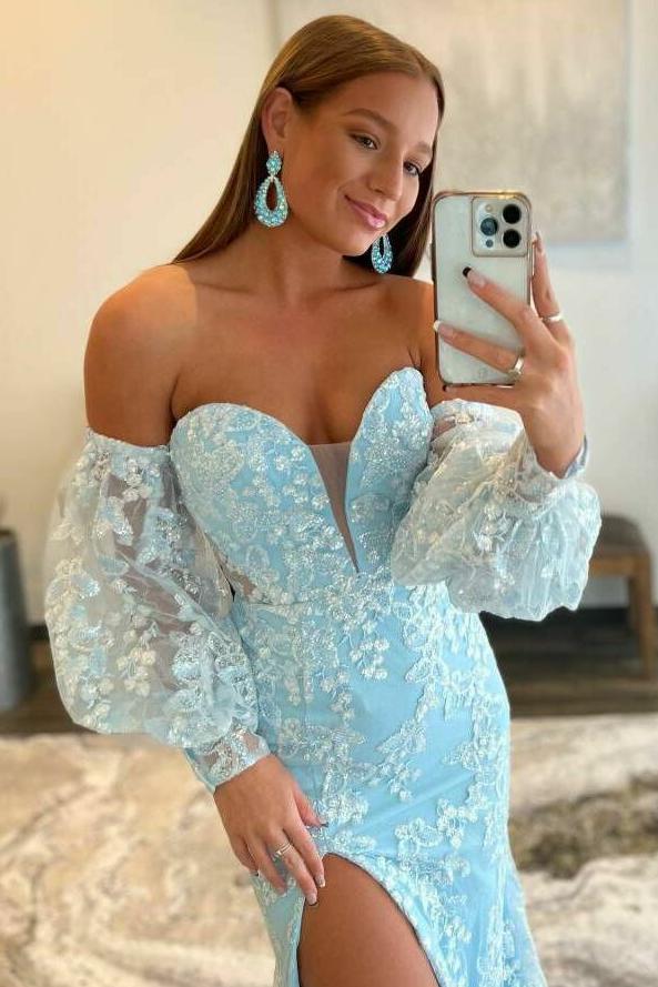 Light Blue Lace Strapless Puff Sleeve Long Prom Dress