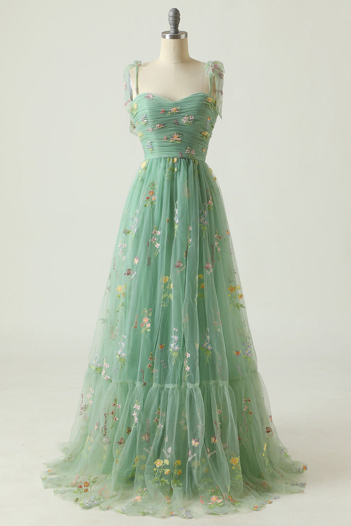 Floral Embroidery Tying Straps Pleated Long Party Dress