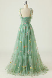 Floral Embroidery Tying Straps Pleated Long Party Dress