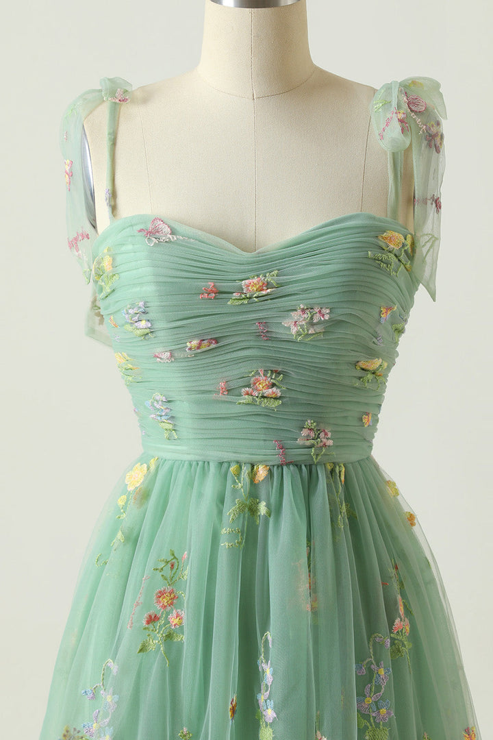 Floral Embroidery Tying Straps Pleated Long Party Dress