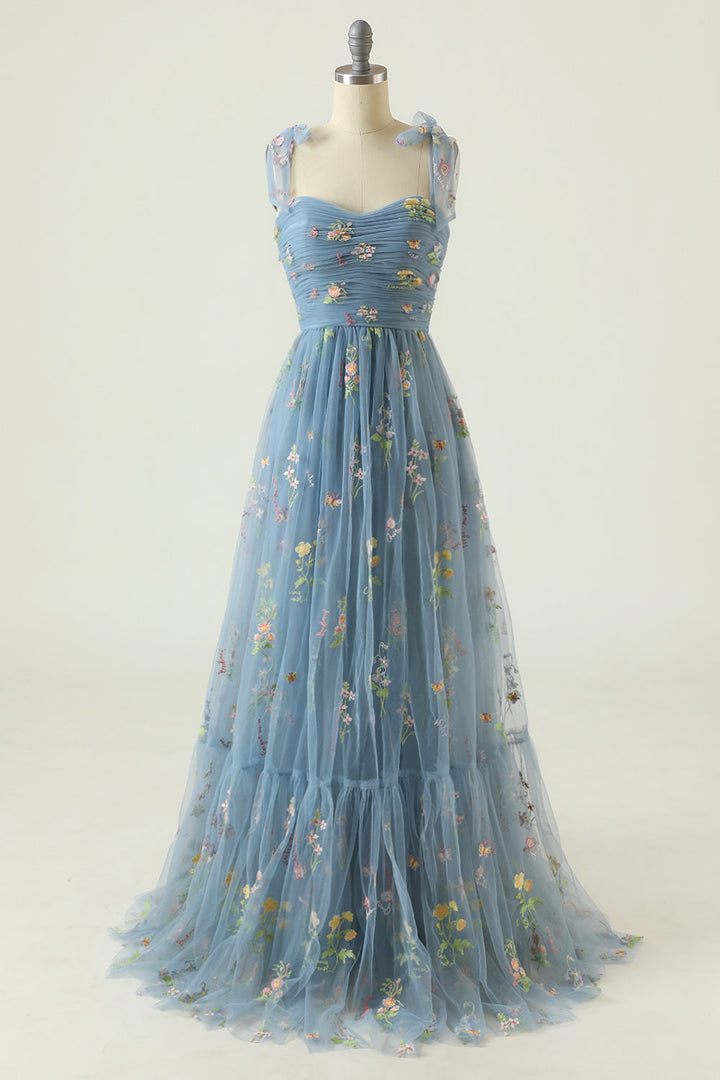Floral Embroidery Tying Straps Pleated Long Party Dress