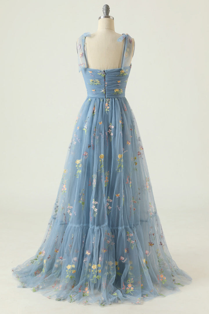 Floral Embroidery Tying Straps Pleated Long Party Dress