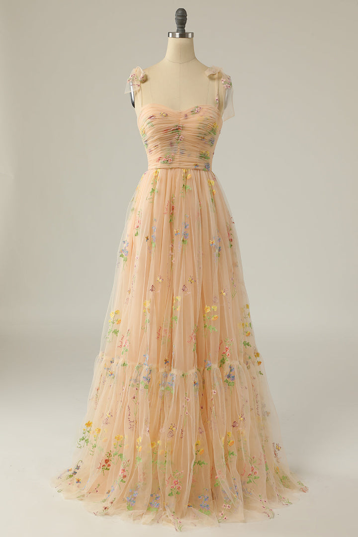 Floral Embroidery Tying Straps Pleated Long Party Dress