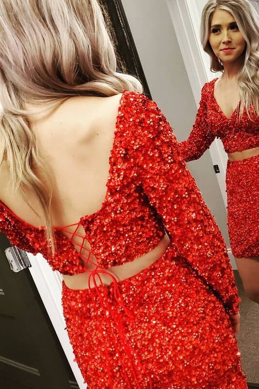 Two Piece Red Sequins Tight Party Dress