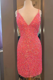 Tight Hot Pink Sequins Short Party Dress