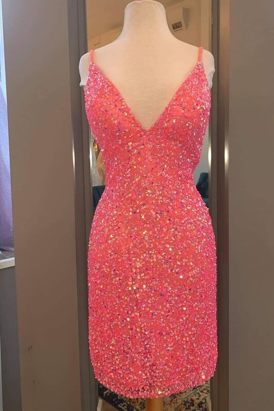 Tight Hot Pink Sequins Short Party Dress Modsele Tight Hot Pink Sequins Short Party Dress Modsele