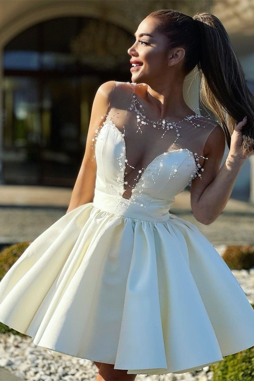 Sexy Ivory A-line Satin Party Dress with Pearls Modsele Sexy Ivory A-line Satin Party Dress with Pearls Modsele
