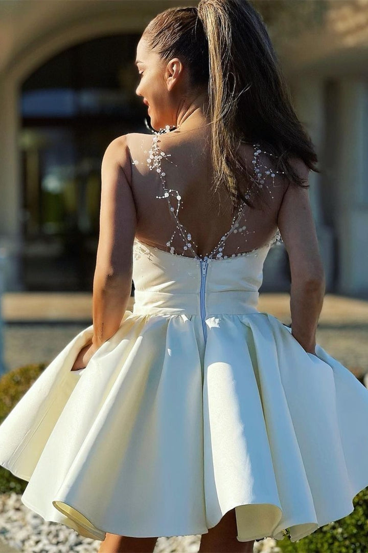 Sexy Ivory A-line Satin Party Dress with Pearls
