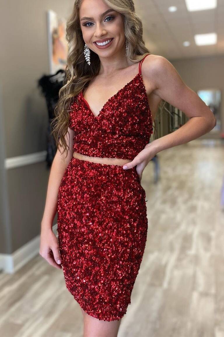 Two Piece Tight Red Sequins Homecoming Dress