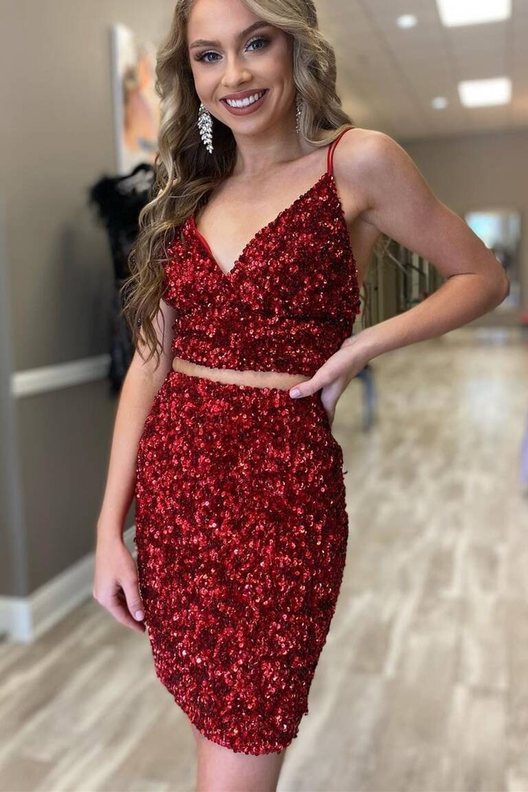 Two Piece Tight Red Sequins Homecoming Dress Modsele Two Piece Tight Red Sequins Homecoming Dress Modsele