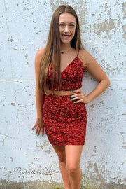 Two Piece Tight Red Sequins Homecoming Dress